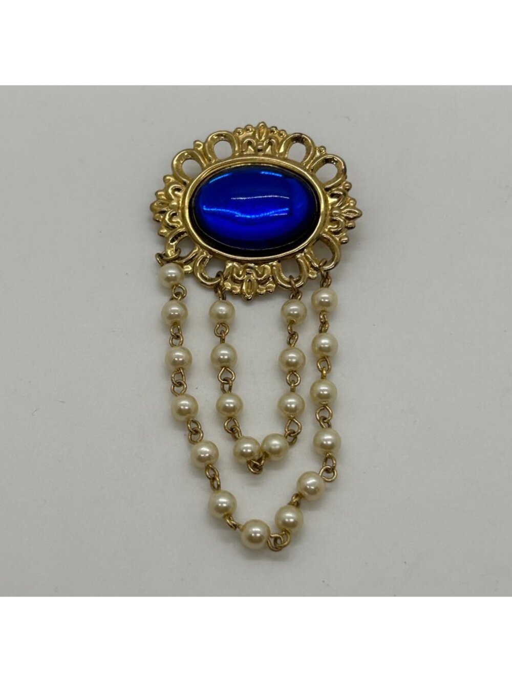 Vintage Gold-Tone Acrylic Blue Cabochon Brooch Faux Pearl Dangle Chains READ